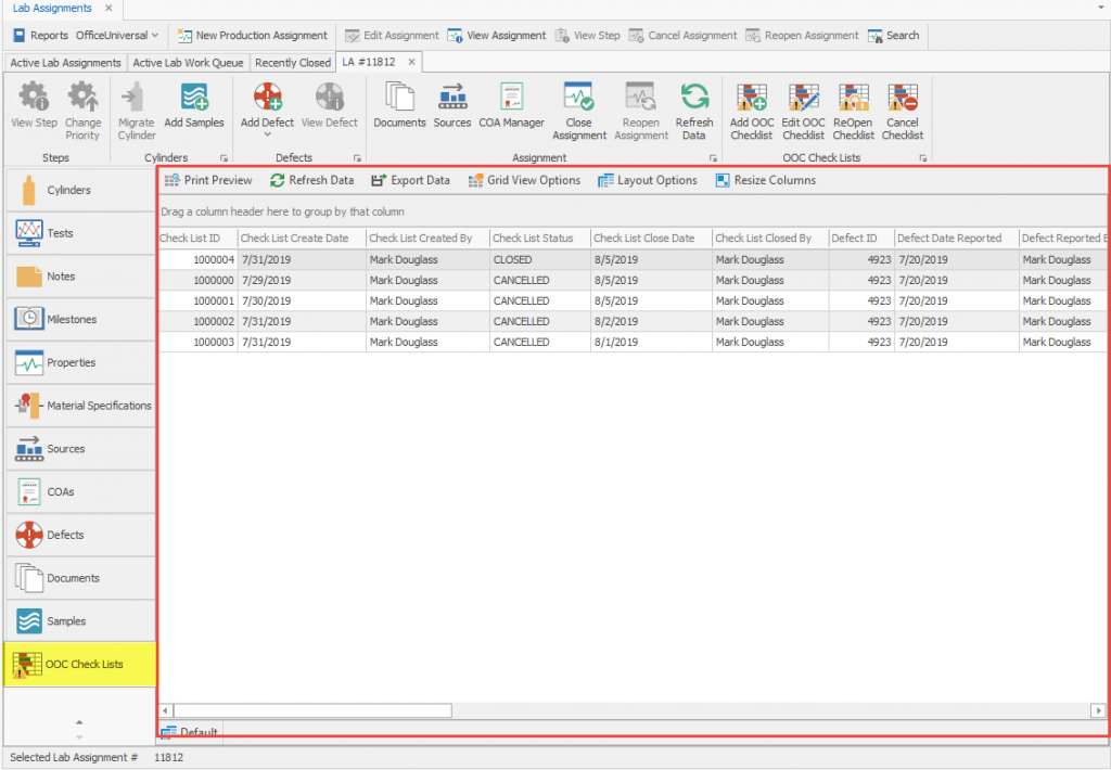 OOC Checlists View in Lab Assignments